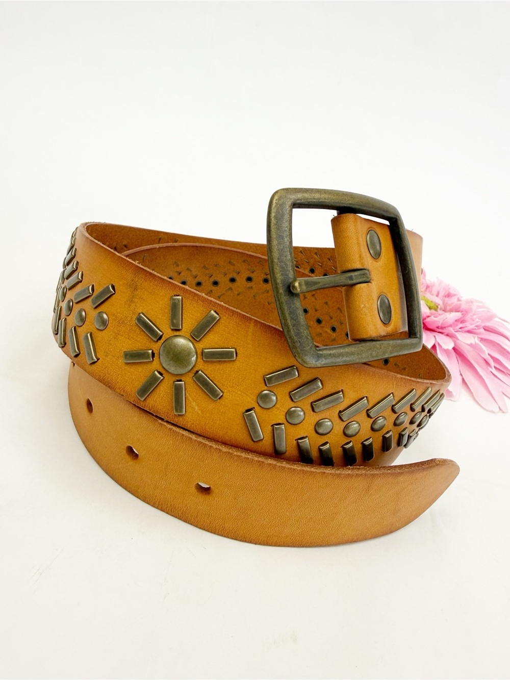Linea Pelle Studded Leather Belt Tan Cognac Solid Brass Embellishments Boho - Picture 5 of 8